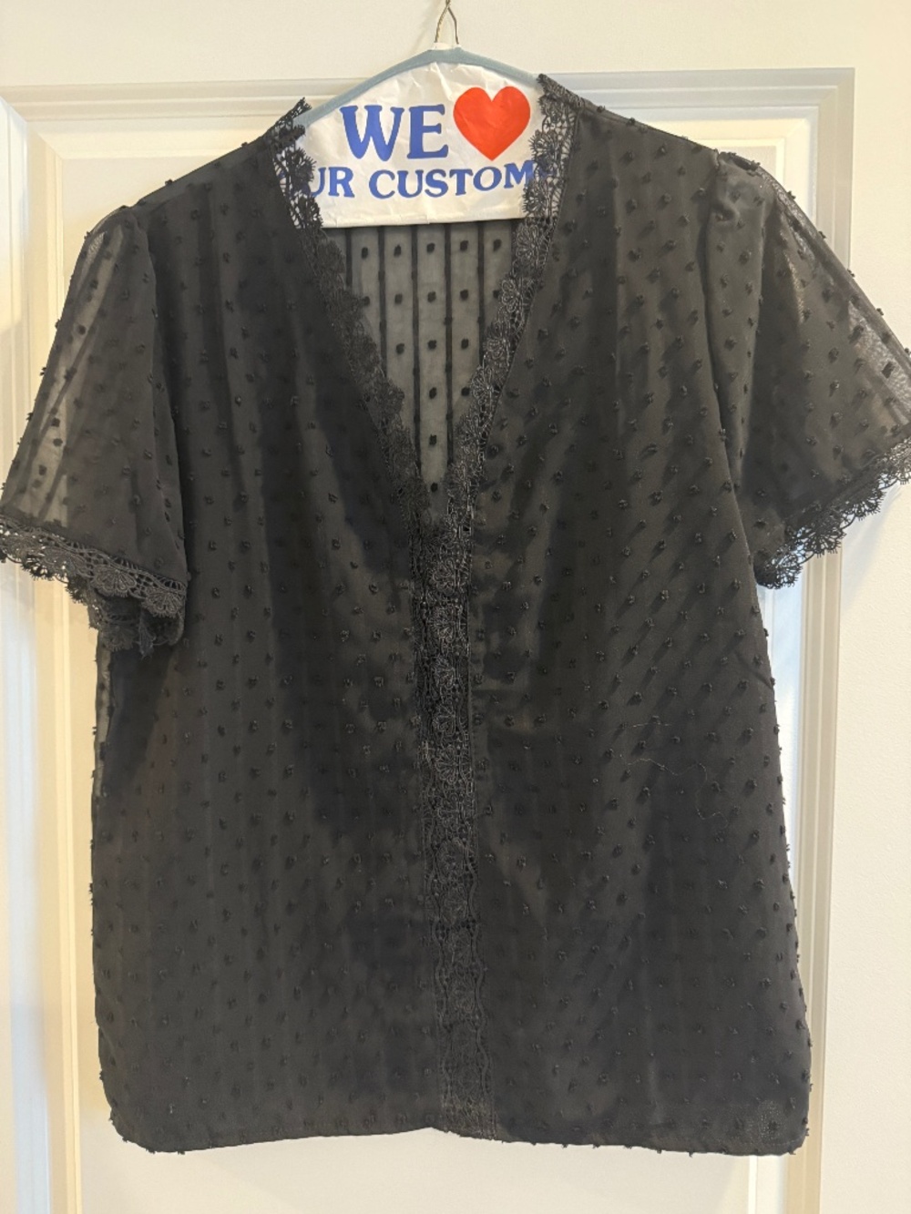Swiss Dot Black V-neck blouse, Women's size M